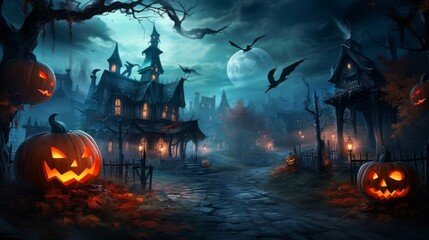 Halloween background with  haunted house and glowing pumpkins with scary faces at deep foggy night with moonlight. Halloween background with bats flying in old forest in the night sky and full moon.