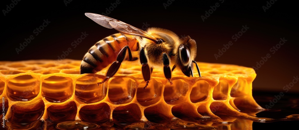 Poster a honey bee is feeding on honey inside a beehive frame with wax, seen against a white background