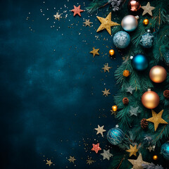 Christmas background with fir branches, stars and balls