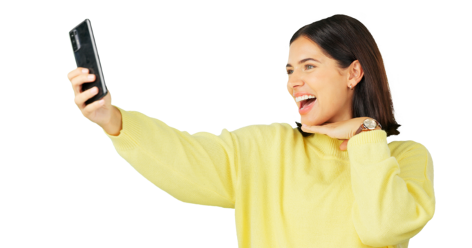 Excited, woman and selfie for beauty isolated on a transparent png background. Smile, photography and influencer person taking profile picture for happy memory on social media or post on internet