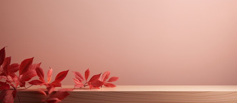 A minimal aesthetic background with autumn red leaves is used for the presentation of a wooden