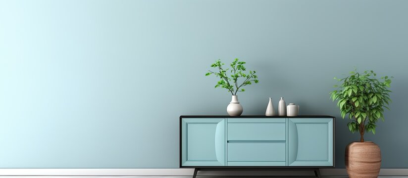 A minimalist and elegant space with plenty of room for personalization. It features a blue commode,