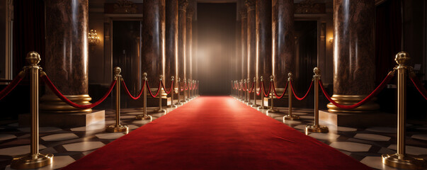 Red Carpet Rollout for a Fancy Movie Premier, Red Velvet Stanchion on Each Side, Generative AI
