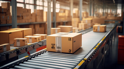 Cardboard Boxed Packages on a Belt Driven Line Roller Conveyor in a Warehouse With Shiny New Line Rollers, E-Commerce Fulfillment Center, Generative AI