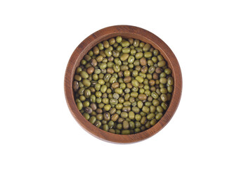 Green mung bean in wooden bowl isolated on white background. Top view