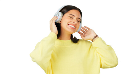 Happy, streaming music and a woman with headphones for a podcast or radio. Smile, female dancer and person listening to audio and dancing to sound isolated on a transparent png background for freedom