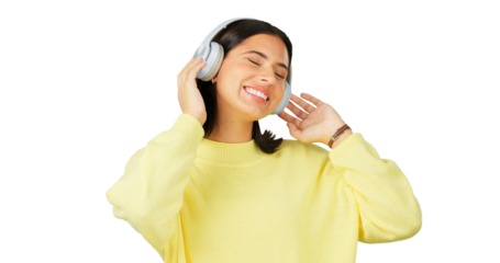 Happy, streaming music and a woman with headphones for a podcast or radio. Smile, female dancer and person listening to audio and dancing to sound isolated on a transparent png background for freedom