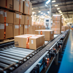 Cardboard Boxed Packages on a Belt Driven Line Roller Conveyor in a Warehouse With Shiny New Line Rollers, E-Commerce Fulfillment Center, Generative AI