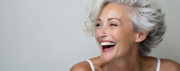 A Beautiful Middle Aged Woman, Mid-Aged Model in 50s with Healthy Skin and Gorgeous Teeth, Laughing and Smiling With Genuine Happiness, Portrait, Generative AI
