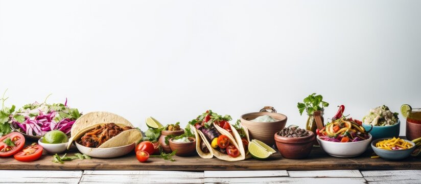 A picture of a Taco Bar with a variety of ingredients on a rustic white wood background. It is