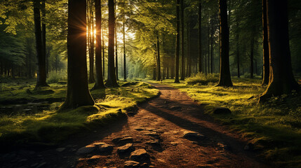 Enchanting Forest Glade with Sunrays Peeking Through Trees 