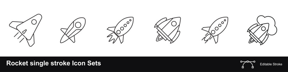 Rocket single-stroke vector icons illustrate modern science to space program 