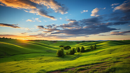 Lush Green Fields Under a Colorful Sky at Dawn 