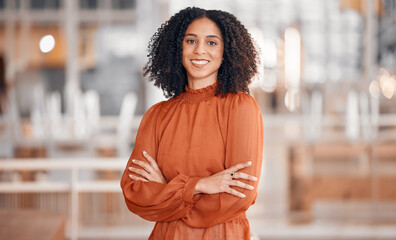 Smile, arms crossed and portrait of a woman at work for business pride and corporate confidence. Happy, office and a young employee with career empowerment and job motivation in the workplace - obrazy, fototapety, plakaty