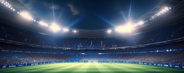 Stadium in lights at night. shiny lights, view from field. generative ai