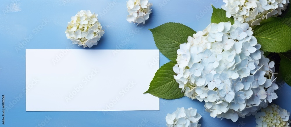 Aufkleber a top-down view of a beautiful composition featuring hortensia flowers and a blank card on a light
