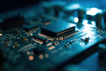 Closeup of a cyan/green circuit board background created with Generative AI technology