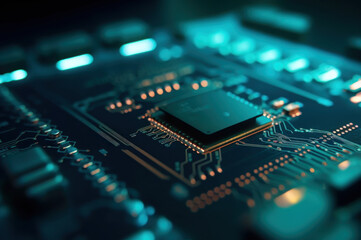 Closeup of a cyan/green circuit board background created with Generative AI technology