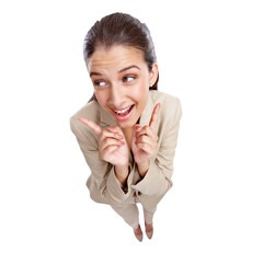 Happy, woman and pointing to menu, choice or decision of checklist option on transparent, isolated...