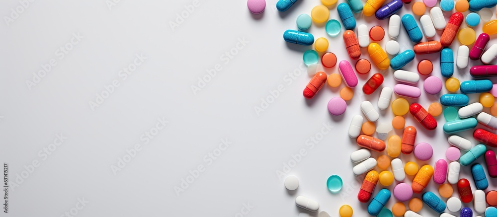 Poster a variety of colorful pills are arranged in a flat lay composition on a table after being poured