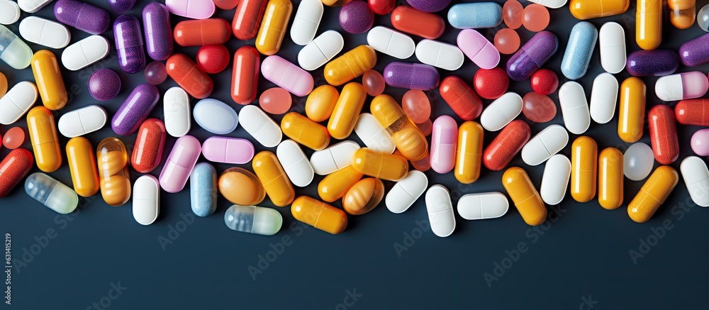 Poster A variety of colorful pills are arranged in a flat lay composition on a table after being poured