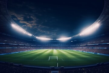 Fototapeta na wymiar Stadium in lights at night. shiny lights, view from field. generative ai