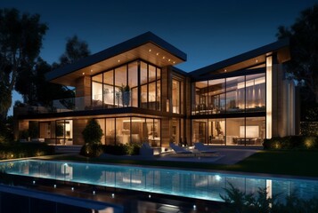 night view of modern house exterior with interior. generative ai
