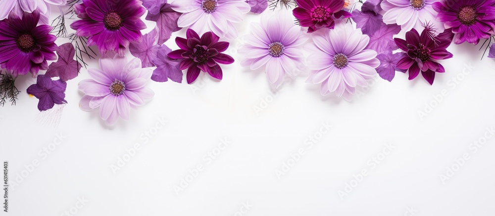 Poster a white background with a collection of purple flowers and space for text. this represents the