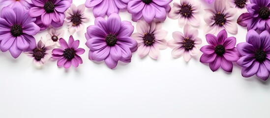 Fototapeta na wymiar A white background with a collection of purple flowers and space for text. This represents the