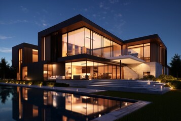 Obraz premium night view of modern house exterior with interior. generative ai