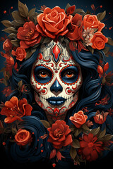 La Catrina dia de muertos Figur mit Maske / Make-up. Dekoriert mit Blumen. Tag der Toten in Mexico. Hochkant. Hochformat. Generative Ai.