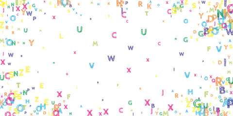Falling letters of English language. Bright handdrawn flying words of Latin alphabet. Foreign languages study concept. Immaculate back to school banner on white background.