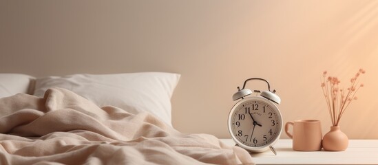 alarm clock and a cup of coffee placed on a white bedside table in front of a bed with gray linens.