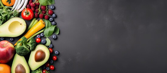 Fototapeta na wymiar fresh fruits and vegetables on a grey background, representing healthy eating. taken from a flat