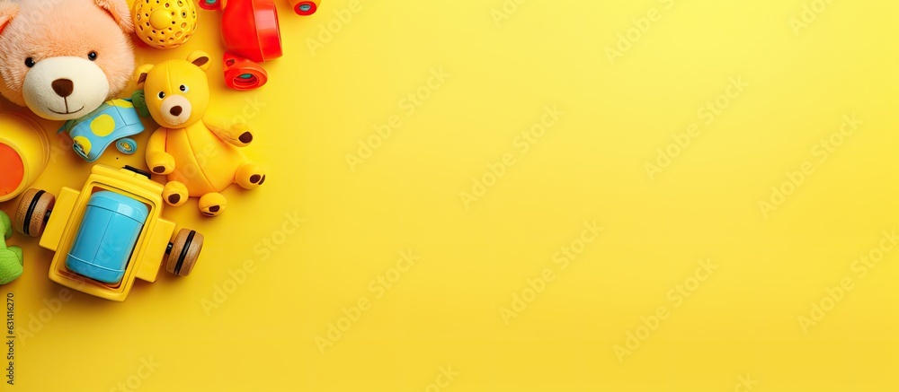 Poster Baby and children's toys are arranged on a yellow background in a flat lay style with empty space