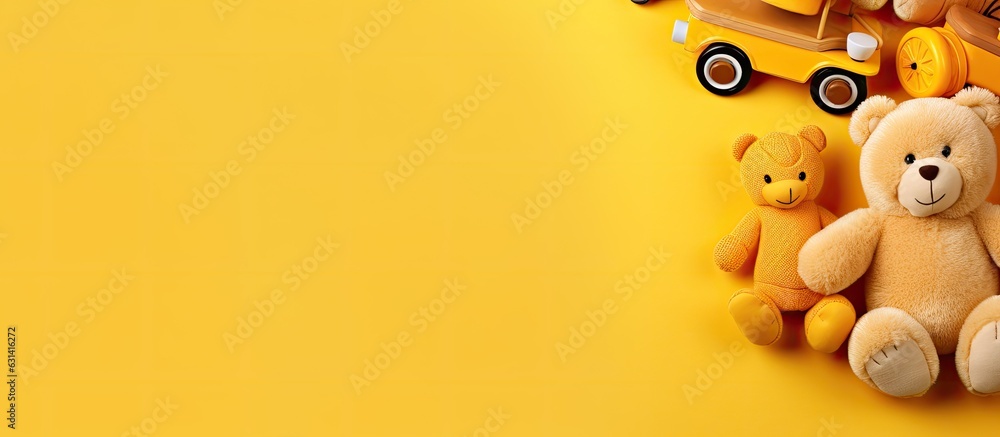 Poster baby and children's toys are arranged on a yellow background in a flat lay style with empty space