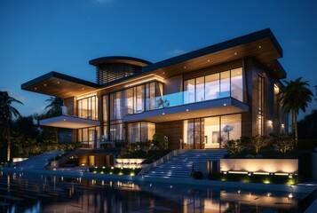 night view of modern house exterior with interior. generative ai
