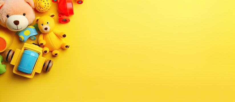 Baby and children's toys are arranged on a yellow background in a flat lay style with empty space