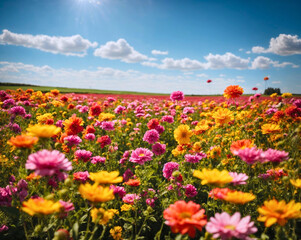 Beautiful flower fields with sunny day and blue-sky background, AI Generated