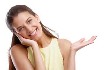 Happy, hand and portrait of woman with promotion, smile and confidence. Beautiful, young and female promoter or girl with a gesture or showing for advertising isolated on a transparent png background