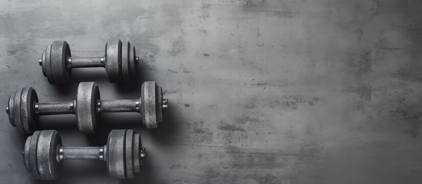 Background image of old iron dumbbells placed on a grey concrete floor in a gym. The photo is taken