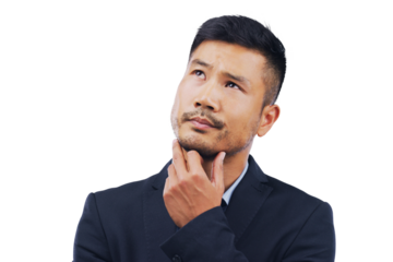 Corporate, business man and thinking of solution, decision or lawyer ideas isolated transparent, png background. Employee or professional asian person brainstorming, question emoji or legal planning