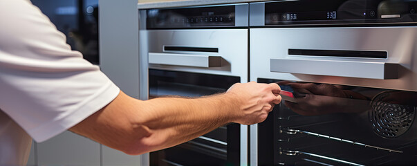 Man hand open oven door and adjust time for cooking.