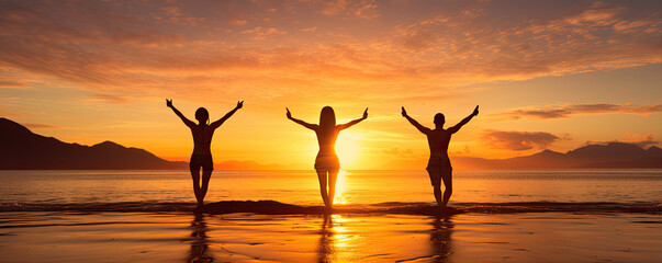 Fototapeta premium Meditation or relaxation on the beach in sunset light for couple.