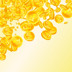 Swiss franc coins falling. Gold scattered CHF