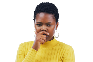 African woman, doubt and portrait of thinking of a question, why or confused ideas on transparent, isolated or png background. Serious, face and planning a decision, choice or person brainstorming