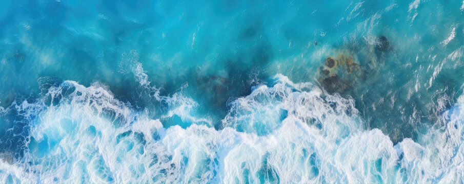Sea waves or ocean surface from aerial view. Blue water with foam, copy space for text.