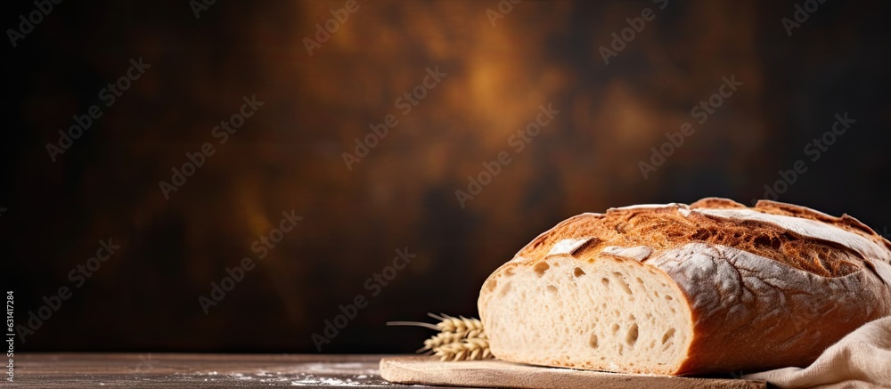 Poster Fresh sourdough bread, made at home, displayed on a rustic background with space for text