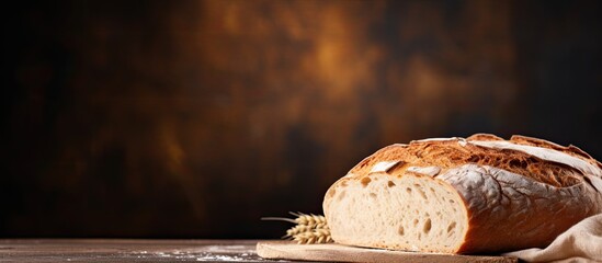 Fresh sourdough bread, made at home, displayed on a rustic background with space for text