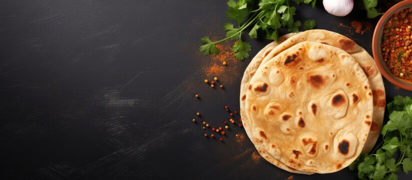 Fresh Indian Chapati Tortillas With Fresh Parsley On A Graphite Background. Top View, Copy Space